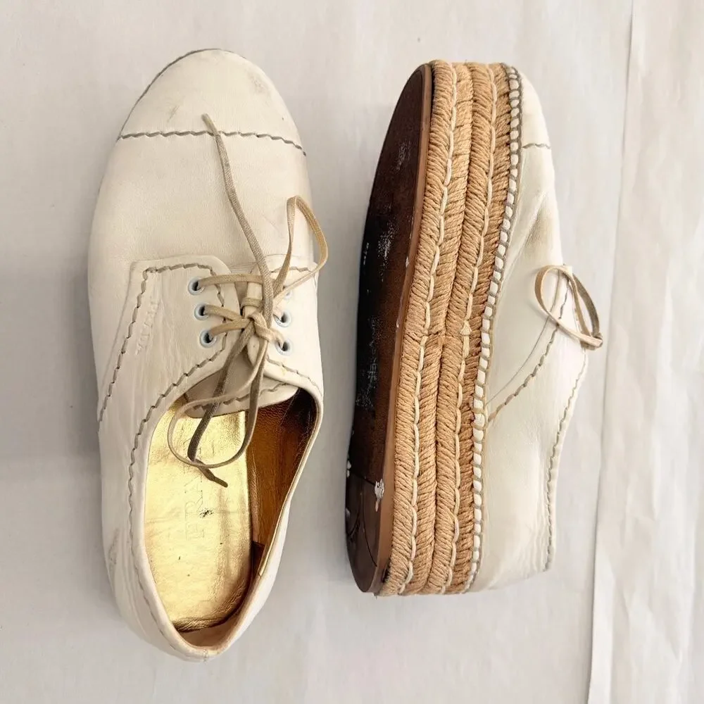 Prada 2024 Leather Platform Espadrilles EU 37.5 US 7.5‎ Off-White